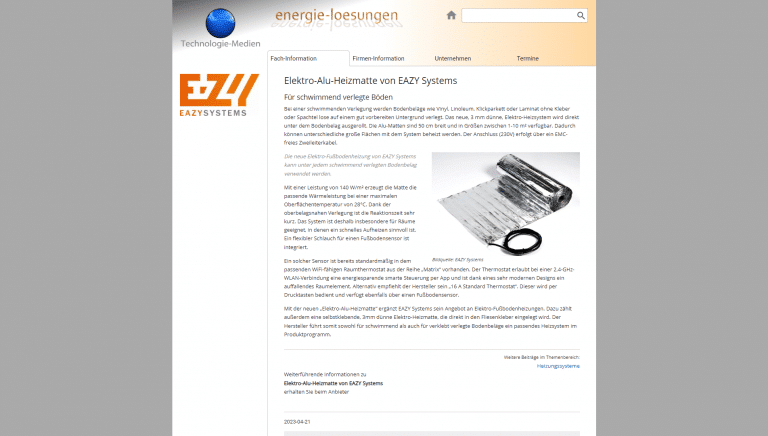 energie-loesungen.de Elektro-Alu-Heizmatte von EAZY Systems 21.04.2023