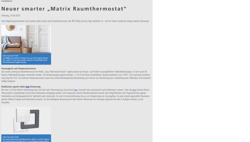 heizungsjournal.de Neuer smarter Matrix Raumthermostat 25.04.2023