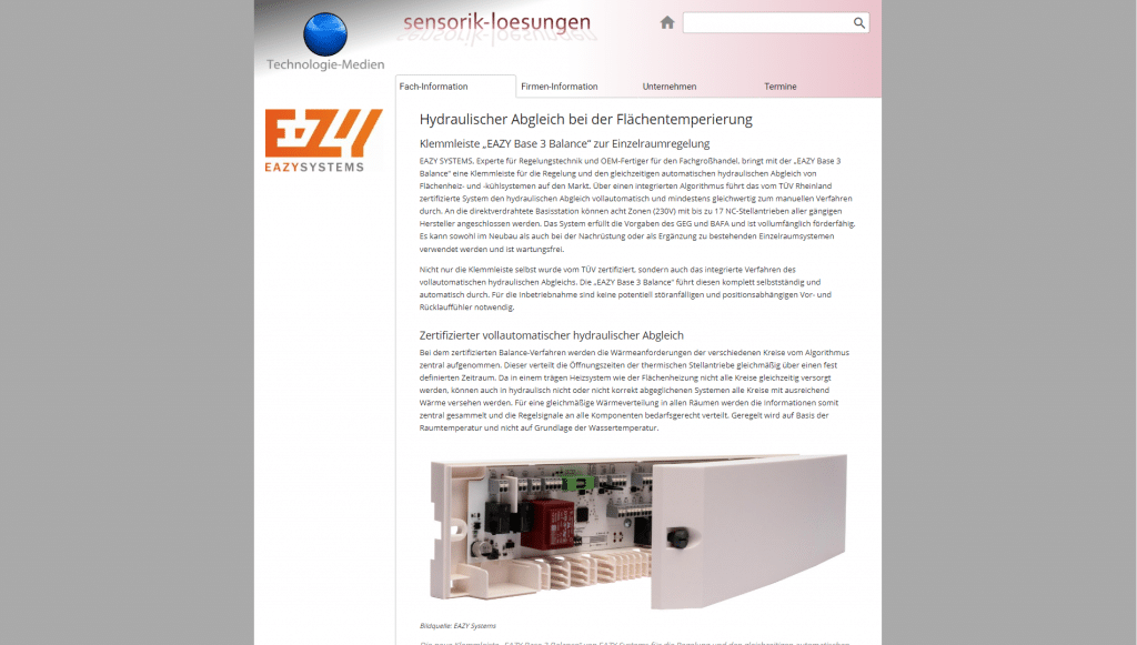 sensorik-loesungen.de Hydraulischer Abgleich bei der Flächentemperierung Klemmleiste EAZY Base 3 Balance zur Einzelraumregelung 21.05.2021