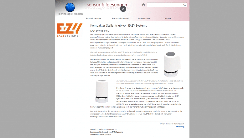 sensorik-loesungen.de Kompakter Stellantrieb von EAZY Systems EAZY Drive Serie 3 15.06.2021