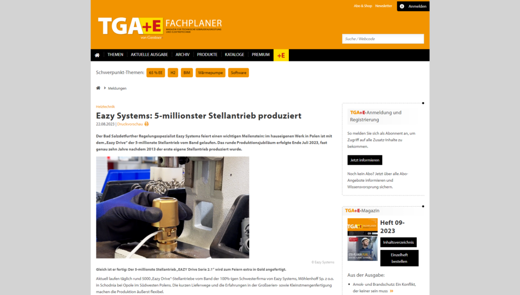 tga fachplaner EAZY Systems 5-millionster Stellantrieb produziert 22.08.2023